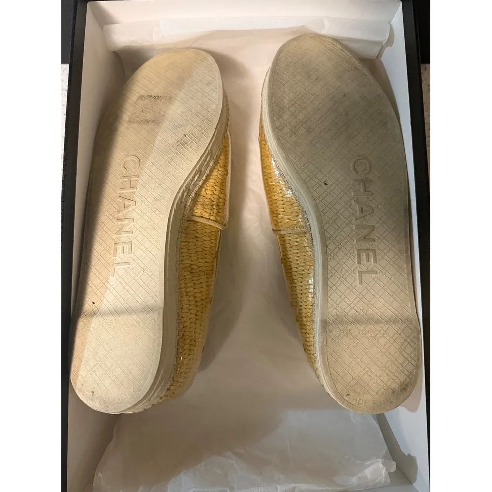 Chanel Raffia PVC CC Logo Espadrilles Beige Woven Straw Flats Slip On Shoes